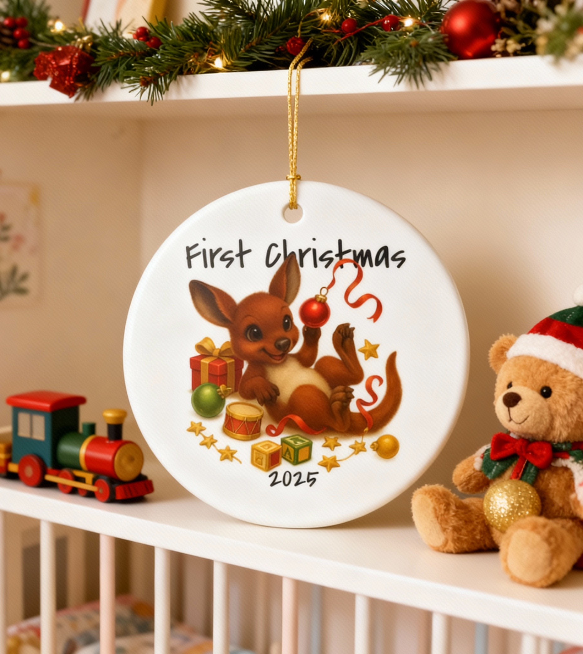 Waratah and Wood Gumleaf Gang Christmas Decoration First Christmas Kangaroo