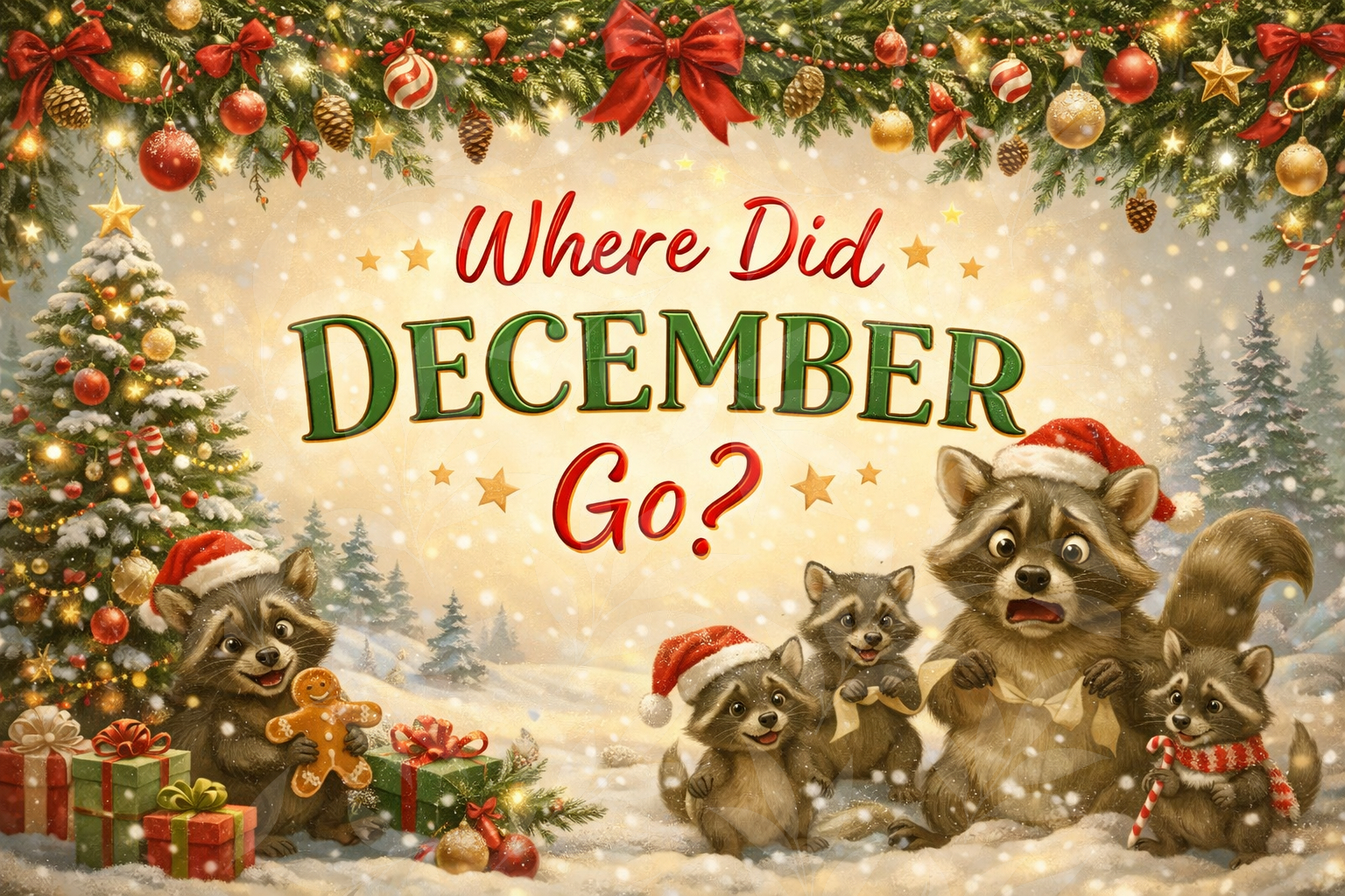 Where did December go? Frantic Raccoon family under christmas decorations